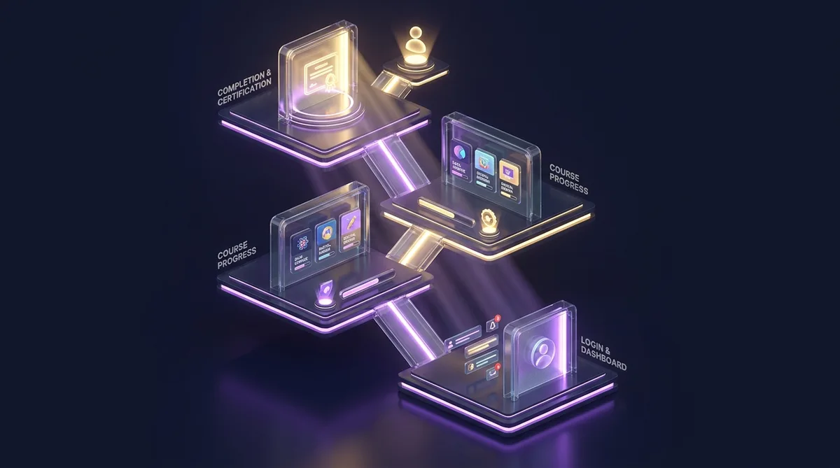 Isometric 3D scene of a learner's journey through layered portal platforms