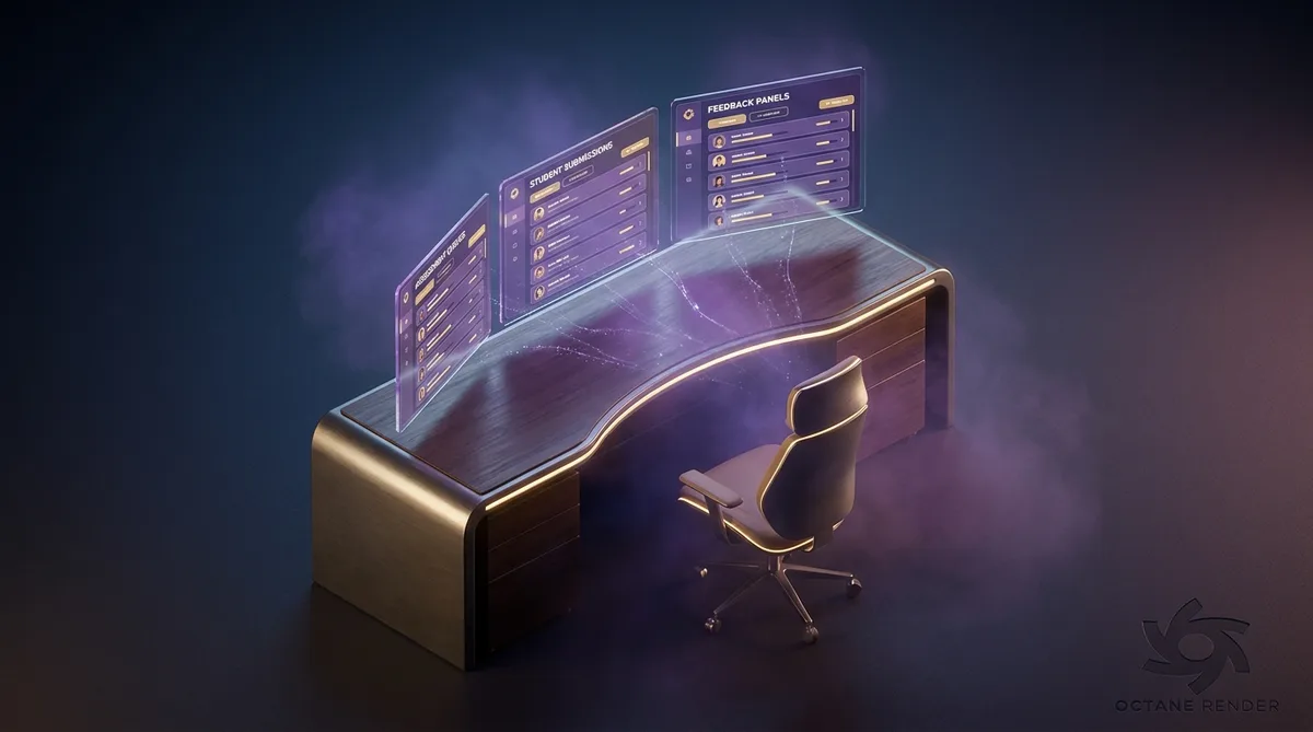 3D render of a trainer's assessment workspace with holographic marking queues