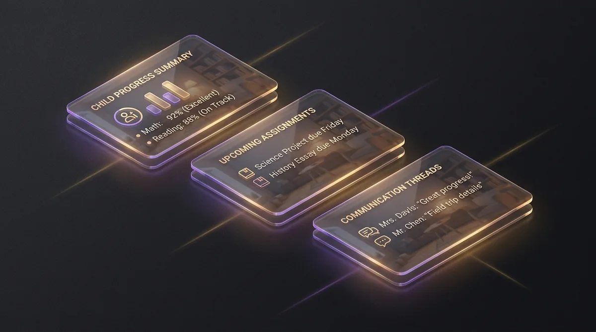 Serene 3D render of a parent dashboard with progress summaries